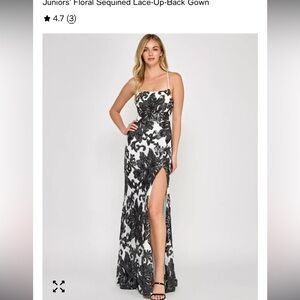 NWT $149 Midnight Doll Black Sequin Floral Gown, Thigh Slit & Lace Up Back  Sz 1